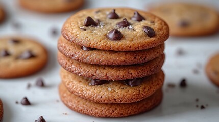 Fototapeta premium Stack of four delicious chocolate chip cookies on marble surface.