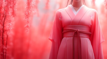 Fototapeta premium Pink Kimono Woman Amidst Red Floral Background