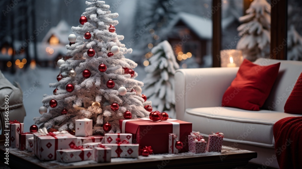 Poster a christmas tree with red and white ornaments sits on a table next to a couch. the couch is covered 