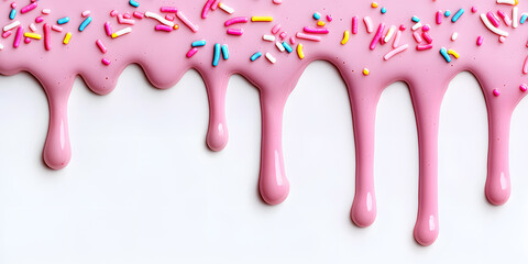 Pink cream with colorful sprinkles dripping down from top , isolated on white background
