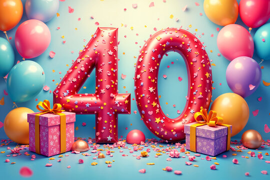 40th birthday card. Large, bold number 40 with confetti and balloons around it, symbolizing a celebration or milestone.