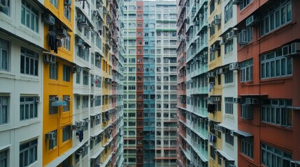 Fototapeta premium Dense residential buildings, colorful facades, numerous windows, balconies, and air conditioners.