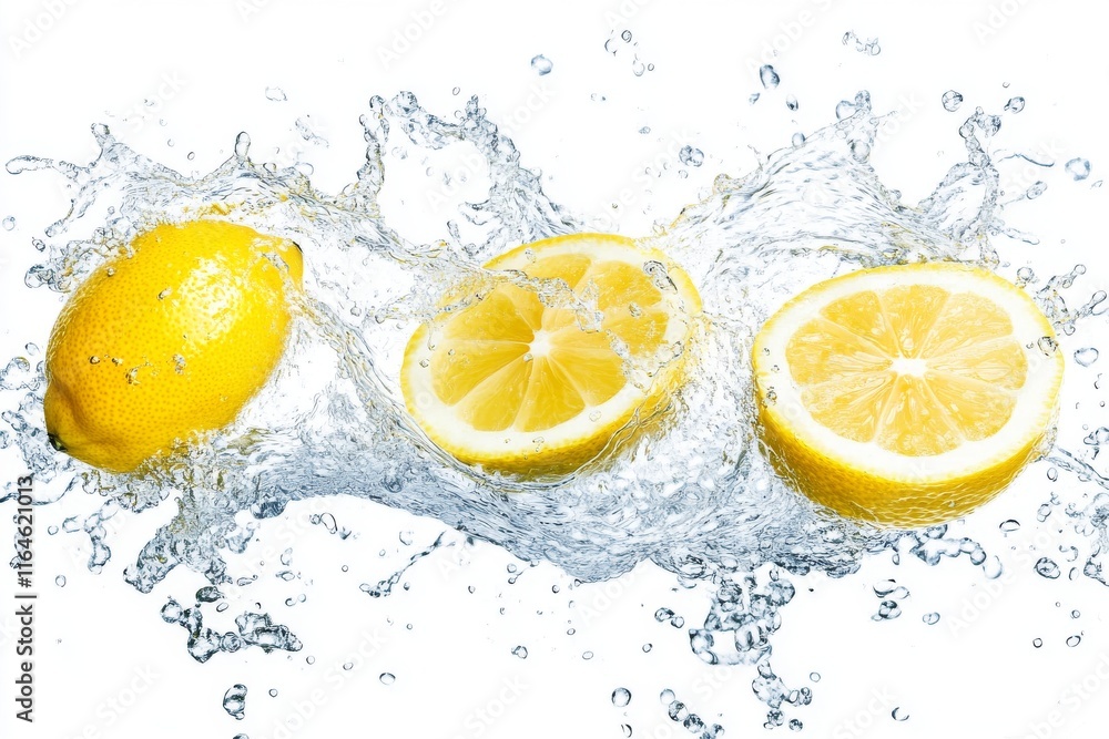 Poster lemon slices splashing into water on a white background in a refreshing design.