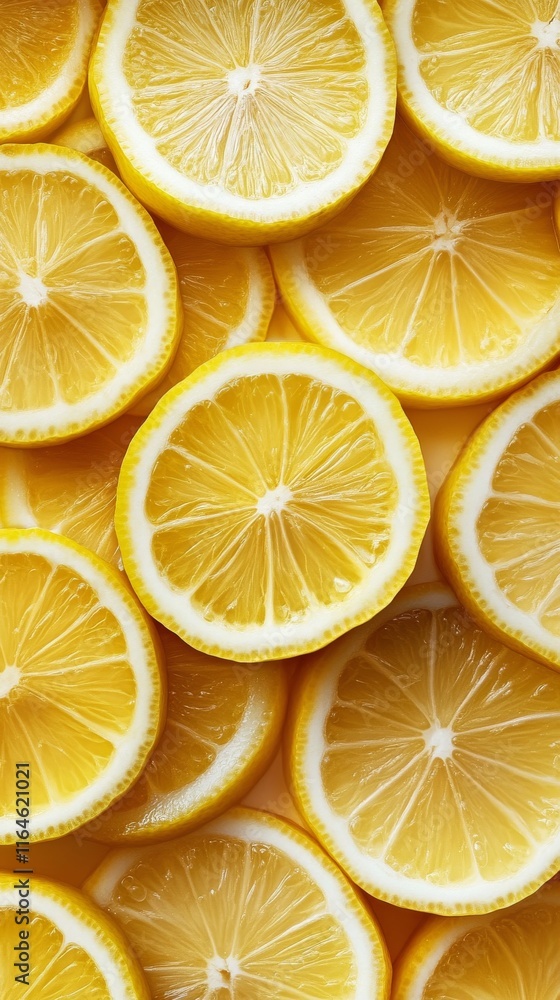 Poster a close up of many slices of lemon. the slices are cut in half and arranged in a pattern