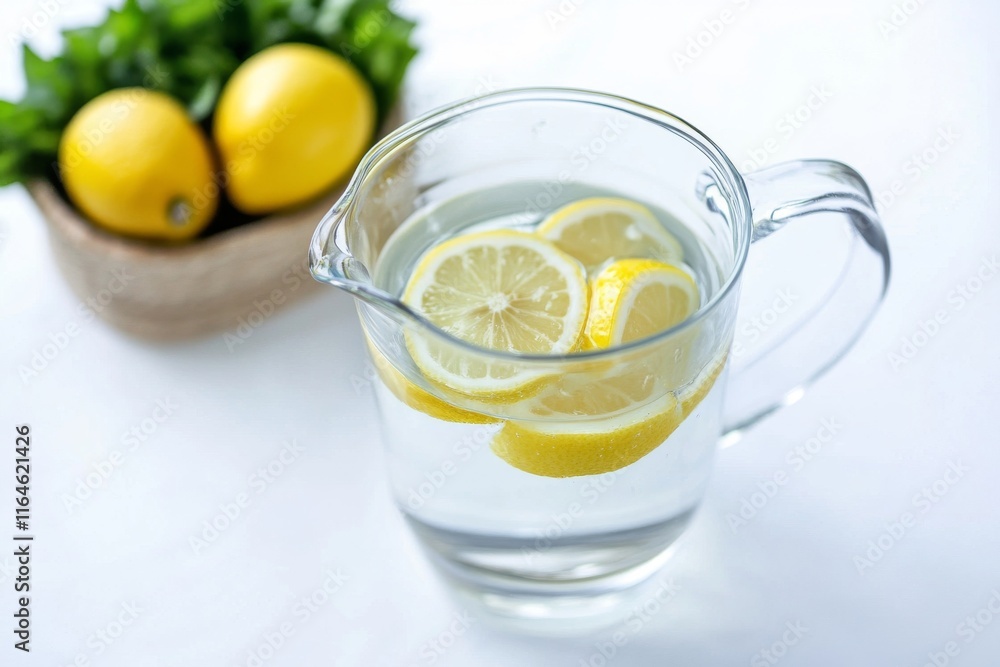 Poster a pitcher filled with water and lemon slices is placed on a white table. the pitcher is almost full,