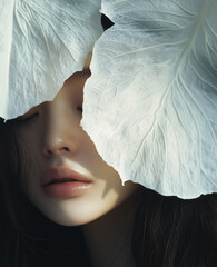 Aesthetic Model Photo, Portrait of a Beautiful Woman with Flower in Magazine Cover Style
