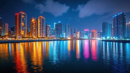 Fototapeta premium Vibrant Urban Skyline at Night with Bright Colors