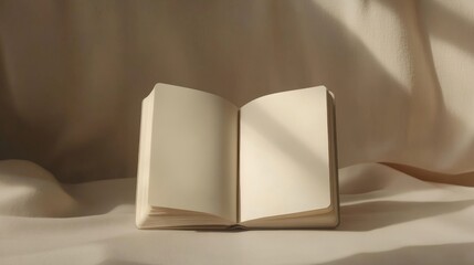 A book is open to a blank page. The book is on a white surface