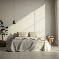 A serene minimalist bedroom with soft natural light, showcasing a cozy bed, wooden side table, and lush indoor plant.