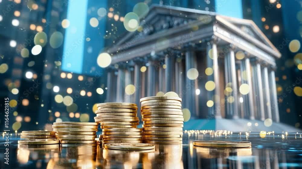 Poster coins are neatly stacked in the foreground while a grand bank with illuminated windows stands majest