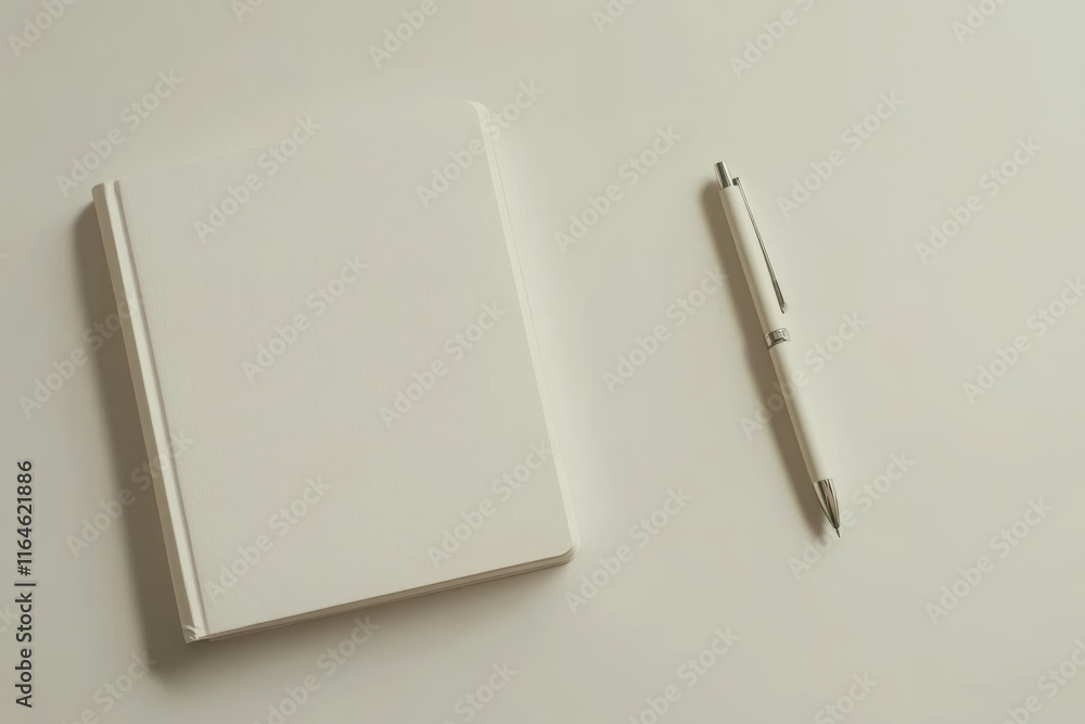 Poster a white notebook sits on a table with a pen next to it. the notebook is empty, and the pen is placed