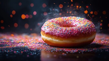 Steaming donut with sprinkles on dark background.