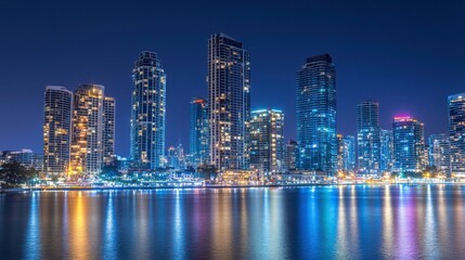 Fototapeta premium Vibrant Urban Skyline with Bright Lighting at Night