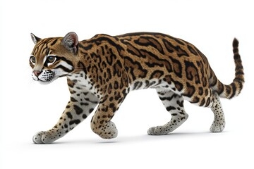 A cat with a striped pattern walks across a white background. The cat appears to be a jaguar, and...