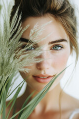 Naklejka premium Aesthetic Model Photo, Portrait of a Beautiful Woman with Flower in Magazine Cover Style