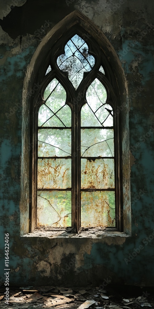 Poster a window with a view of the outside. the window is old and rusted. the view outside is a green field
