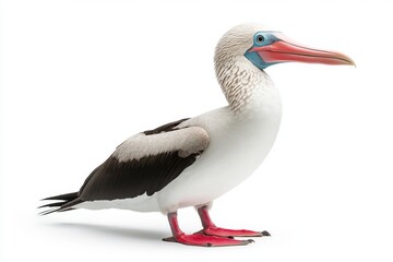 Obraz premium A large white and black bird with red feet stands on a white background. The bird has a blue beak and a blue eye
