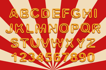 Colorful Circus Alphabet and Numbers Graphic. Retro alphabet and numbers with glowing bulb effect on a red and beige radial background. Typography design template for poster, banner.