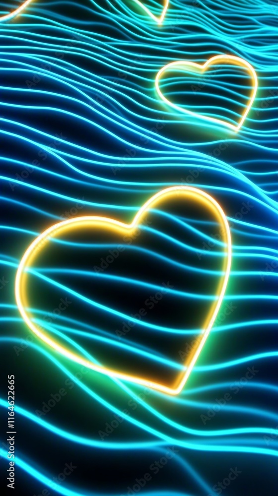Poster glowing neon lines create abstract heart silhouettes on a dark background with flowing waves highlig