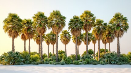 Row of tall palm trees on a sandy beach at sunset.