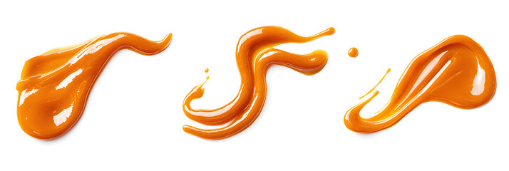 Fototapeta premium Set of abstract swirls from sweet caramel sauce isolated on white background. Vector style illustration design for packaging or print products.