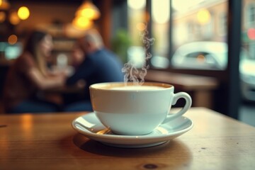 Close-up of steaming cup with wooden tabletop and blurred cafe scene, inviting, cup