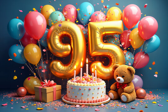 95th birthday card. Celebration of a 95th birthday, with a large cake and balloons as the centerpiece.