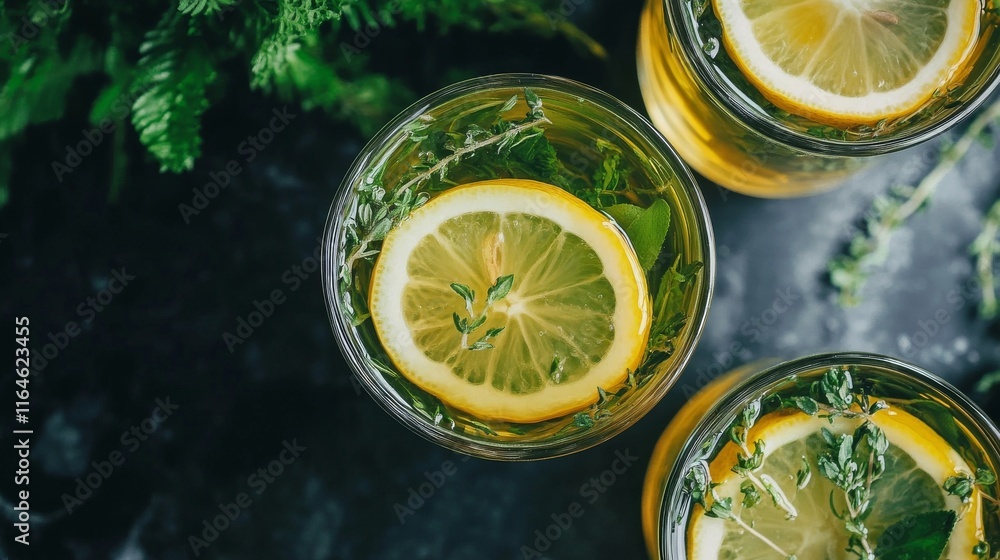 Aufkleber three glasses of lemonade with a slice of lemon in the middle. the glasses are on a table with a dar