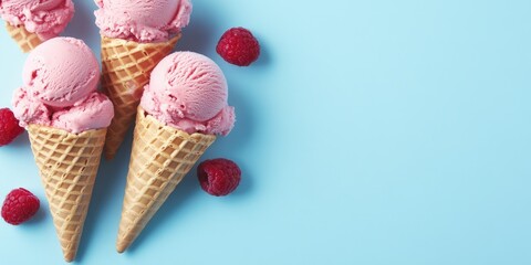 Creamy vanilla raspberry ice cream in waffle cones against light blue background. 