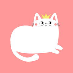 White laying cat. Cute face head. White kitten girl princess golden crown. Happy Valentines Day. Cartoon kitty character. Kawaii animal in love. Love Greeting card. Flat design. Pink background Vector