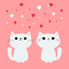 Cute cat love couple sitting. Kawaii face head. White fluffy kitten. White red hearts. Happy Valentines Day. Cartoon kitty character. Animal in love. Greeting card. Flat design. Pink background Vector