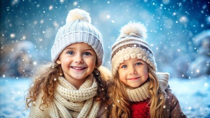 Smiling Girls Against a Snowy Winter Landscape, with Snowflakes Falling Around Them, Creating an Atmosphere of Winter Relaxation and Festive Joy