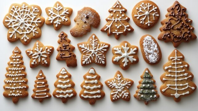 Assorted Christmas gingerbread cookies decorated with icing in festive shapes.