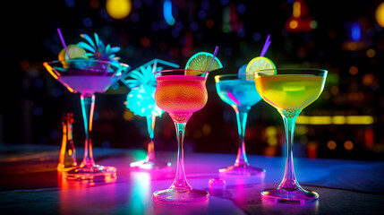 A bar in a nightclub with many different colourful alcoholic cocktails in glasses. Party celebration. Nightclub interior. Mixology in a cafe at night.