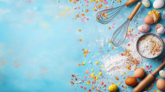 Easter baking background with rolling pin, whisk, eggs, flour and colorful confetti on a blue table background. top view