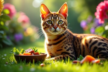 Obraz premium Bengal Cat Portrait Enjoying Meal in a Sunlit Garden With Colorful Flowers and Green Grass