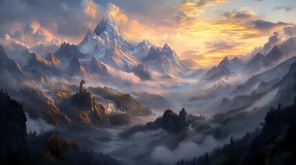 Obraz premium A panoramic mountain landscape at dawn with misty valleys and soft light. Dawnlit. Illustration