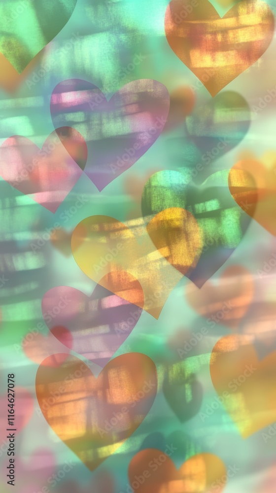 Poster colorful hearts float gently on a soft pastel gradient background with space for text in a vibrant w