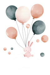 Naklejka premium Bunny with balloons sitting on a cloud, watercolor cute illustration
