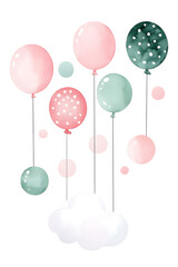 Bunny with balloons sitting on a cloud, watercolor cute illustration