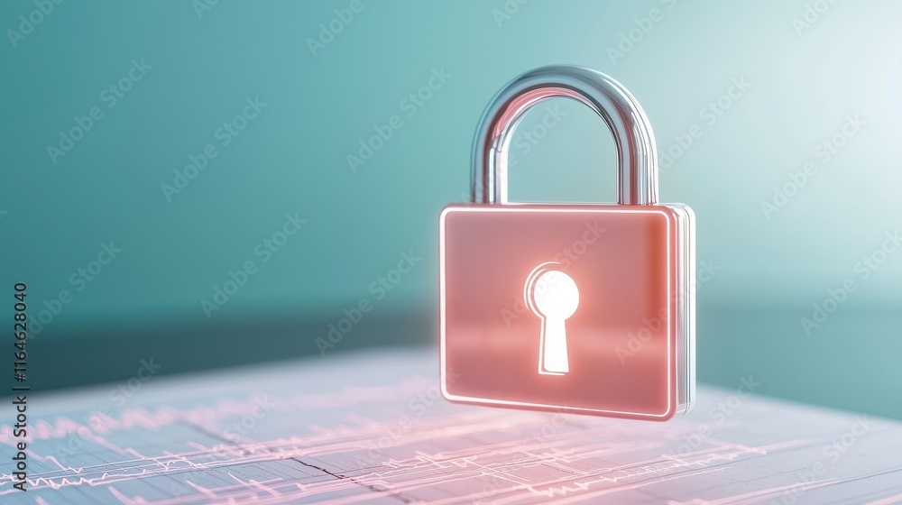 Poster a glowing padlock stands on a surface, symbolizing security and protection in a digital context.