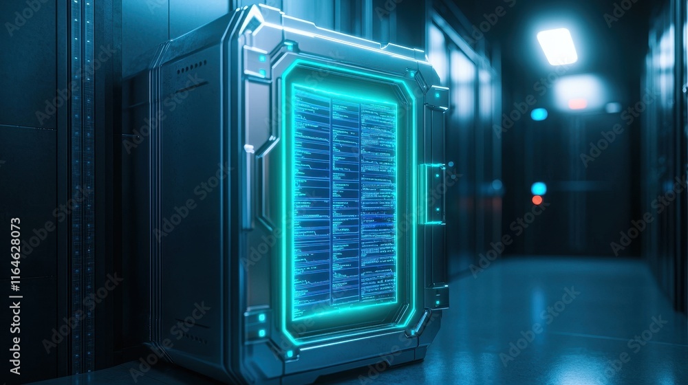 Poster a futuristic server unit with glowing blue lights in a dark, high-tech environment, showcasing advan