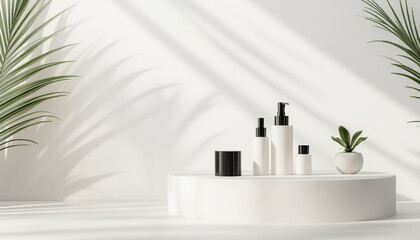 Minimalist Skincare Product Display White Bottles Plant Round Pedestal Sunlight Shadows