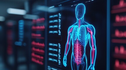 A digital visualization of the human body, highlighting anatomical structures with vibrant colors against a background of scientific data displays.