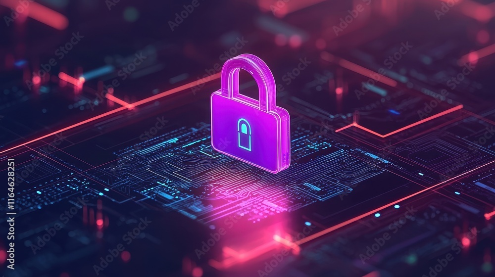 Poster a digital lock symbolizing cybersecurity amidst a vibrant, tech-inspired backdrop featuring circuit 