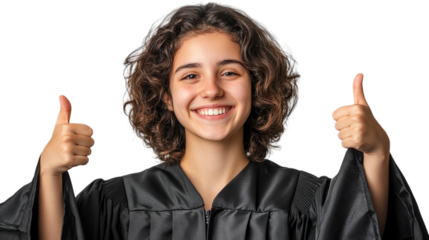 Confident Graduate Smiling in Gown Transparent Background Giving Thumbs Up