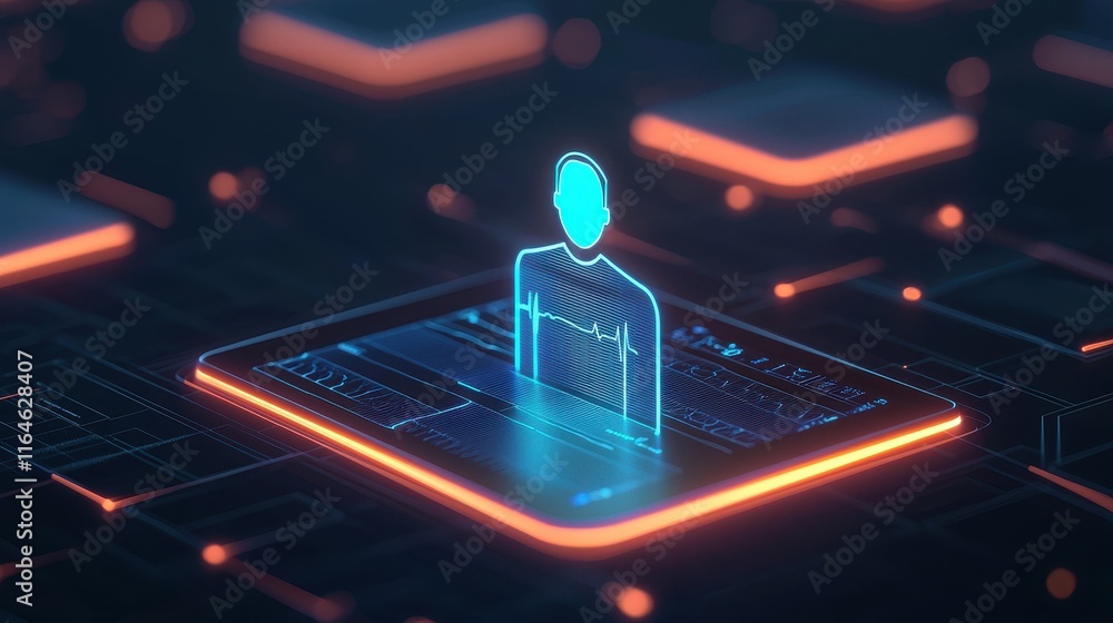 Poster a glowing holographic figure stands on a digital interface, surrounded by interconnected circuits, s