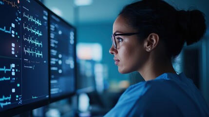 Fototapeta premium A focused woman in scrubs analyzes data on multiple monitors, showcasing a high-tech medical environment emphasizing healthcare technology.