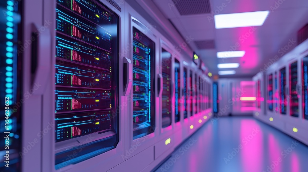 Aufkleber a visually striking data center corridor with illuminated server racks, showcasing advanced technolo