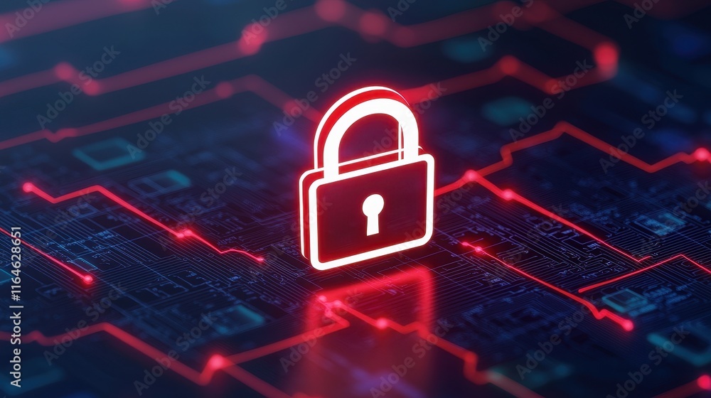 Poster a glowing red padlock icon sits on a circuit-like background, symbolizing digital security and data 